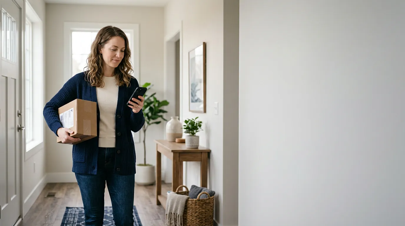 Une personne tient un colis de livraison dans l'entrée lumineuse de son logement tout en consultant son smartphone
