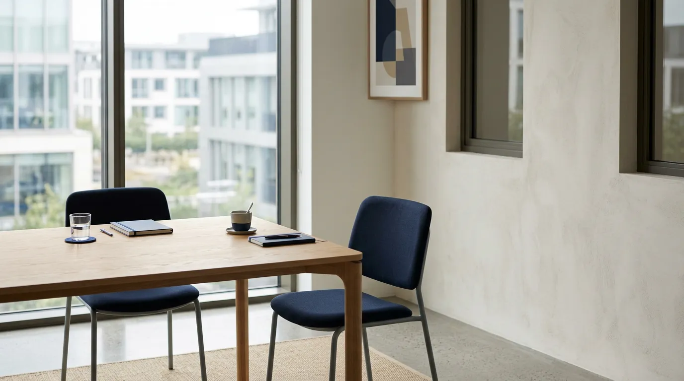Salle de réunion calme avec une table et deux chaises vides face à face près d'une fenêtre