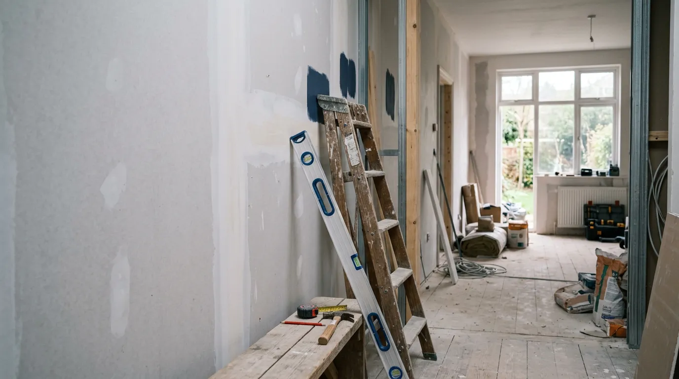 Intérieur de maison en rénovation avec escabeau, niveau à bulle et outils