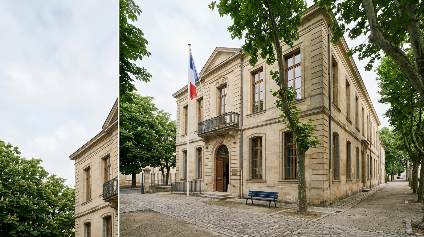 Façade d'un bâtiment administratif public français avec de hautes fenêtres et un parvis arboré