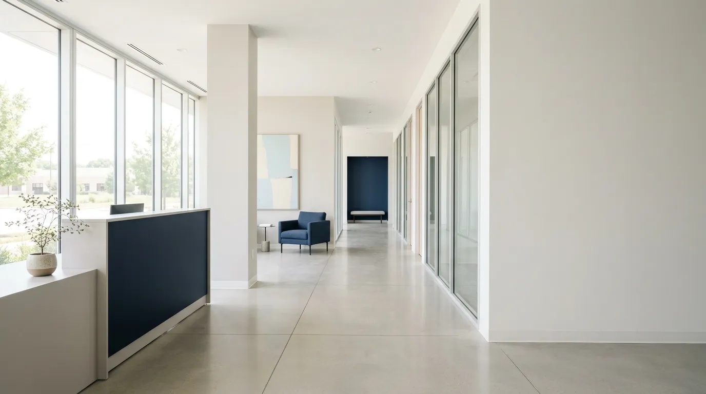 Hall lumineux et calme avec grandes fenêtres et lignes épurées, sans personne