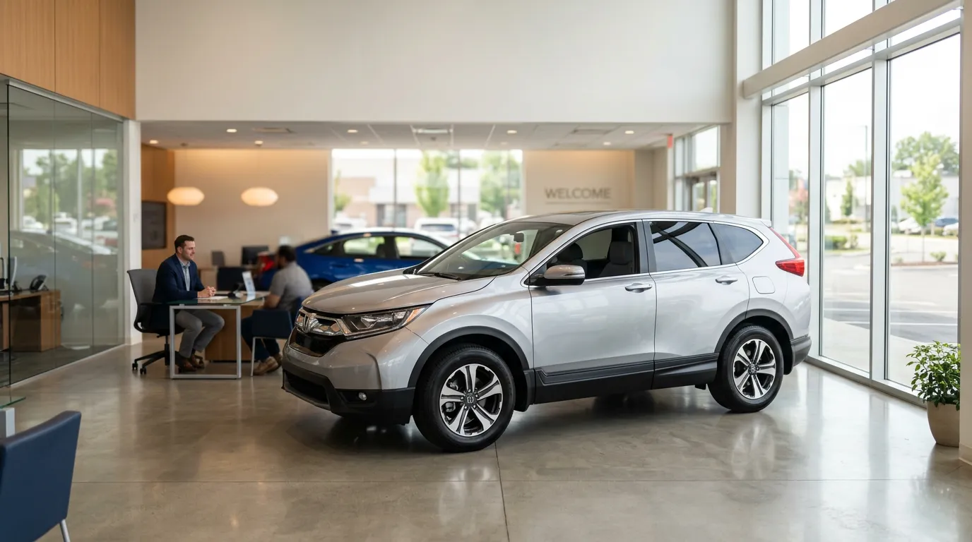 Voiture d'occasion exposée dans le showroom lumineux d'un garage, vendeur en arrière-plan