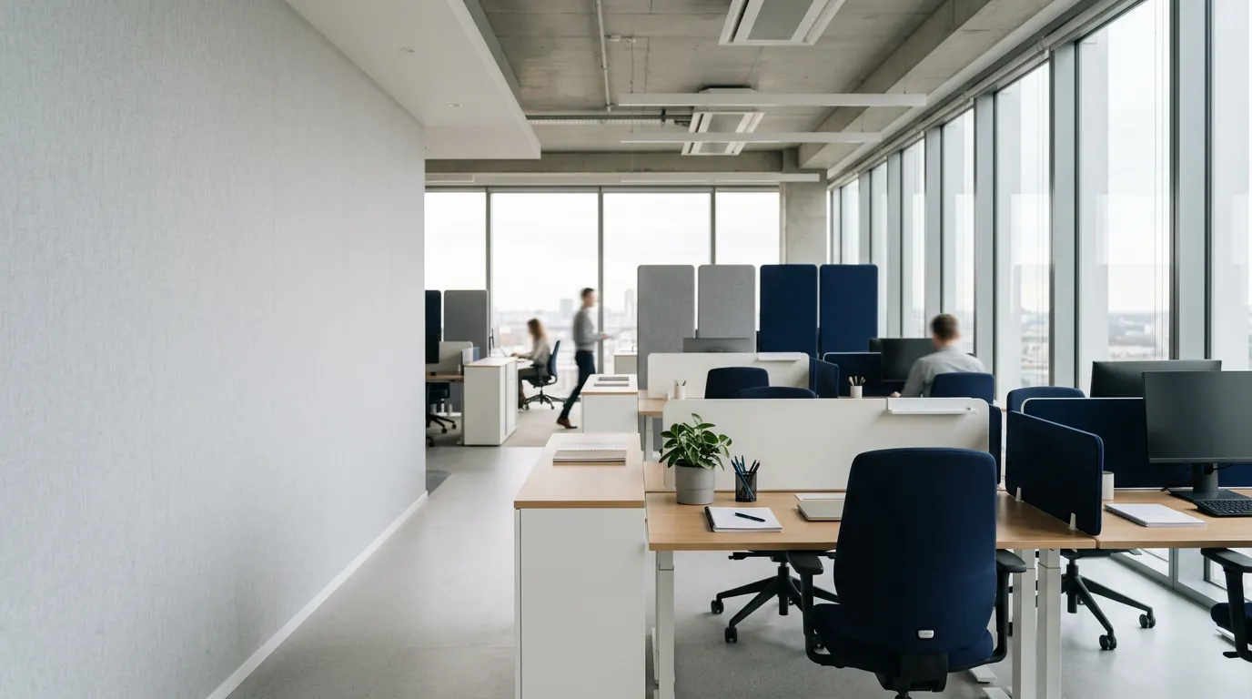Open-space d'entreprise lumineux avec bureaux ordonnés et silhouettes floues en arrière-plan