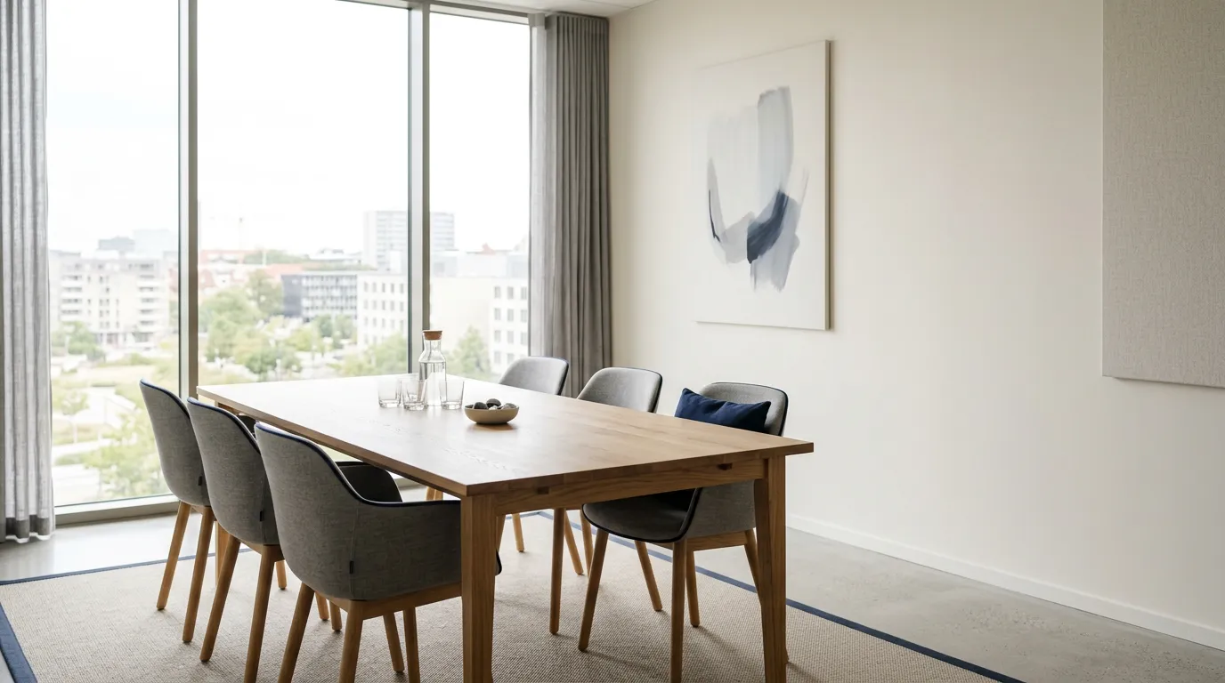 Salle de réunion moderne et lumineuse avec table et chaises