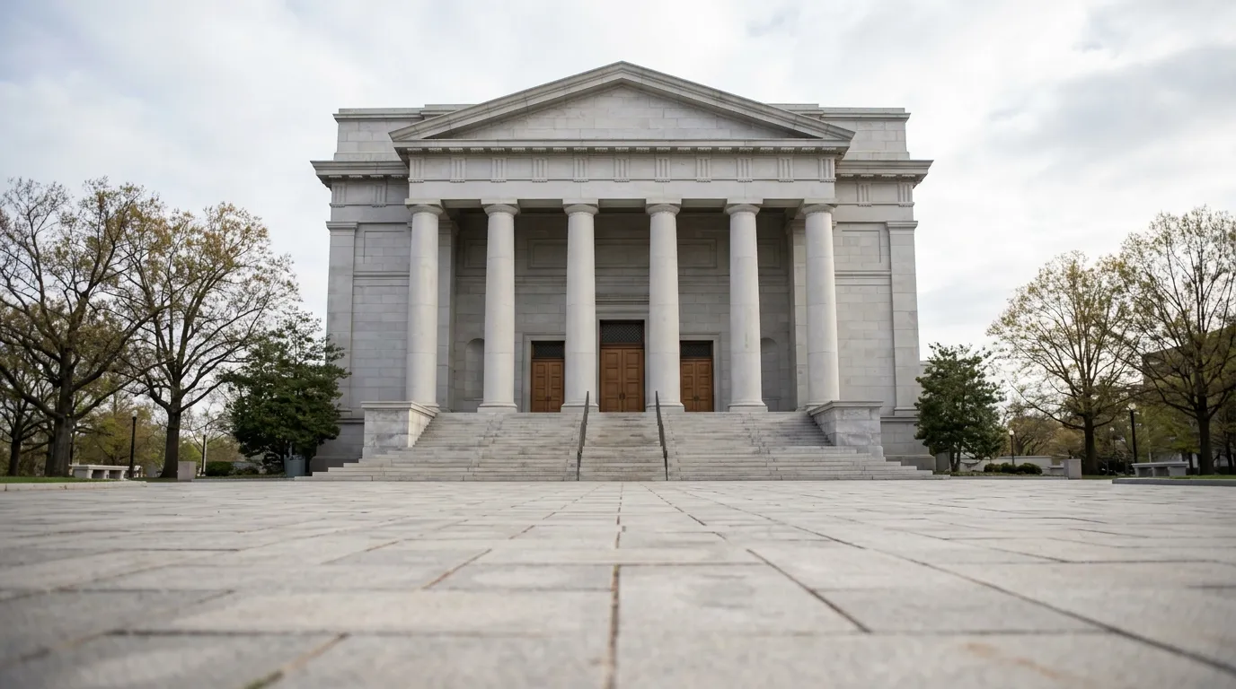 Façade sobre d'un palais de justice avec colonnes, vue en contre-plongée, lumière douce