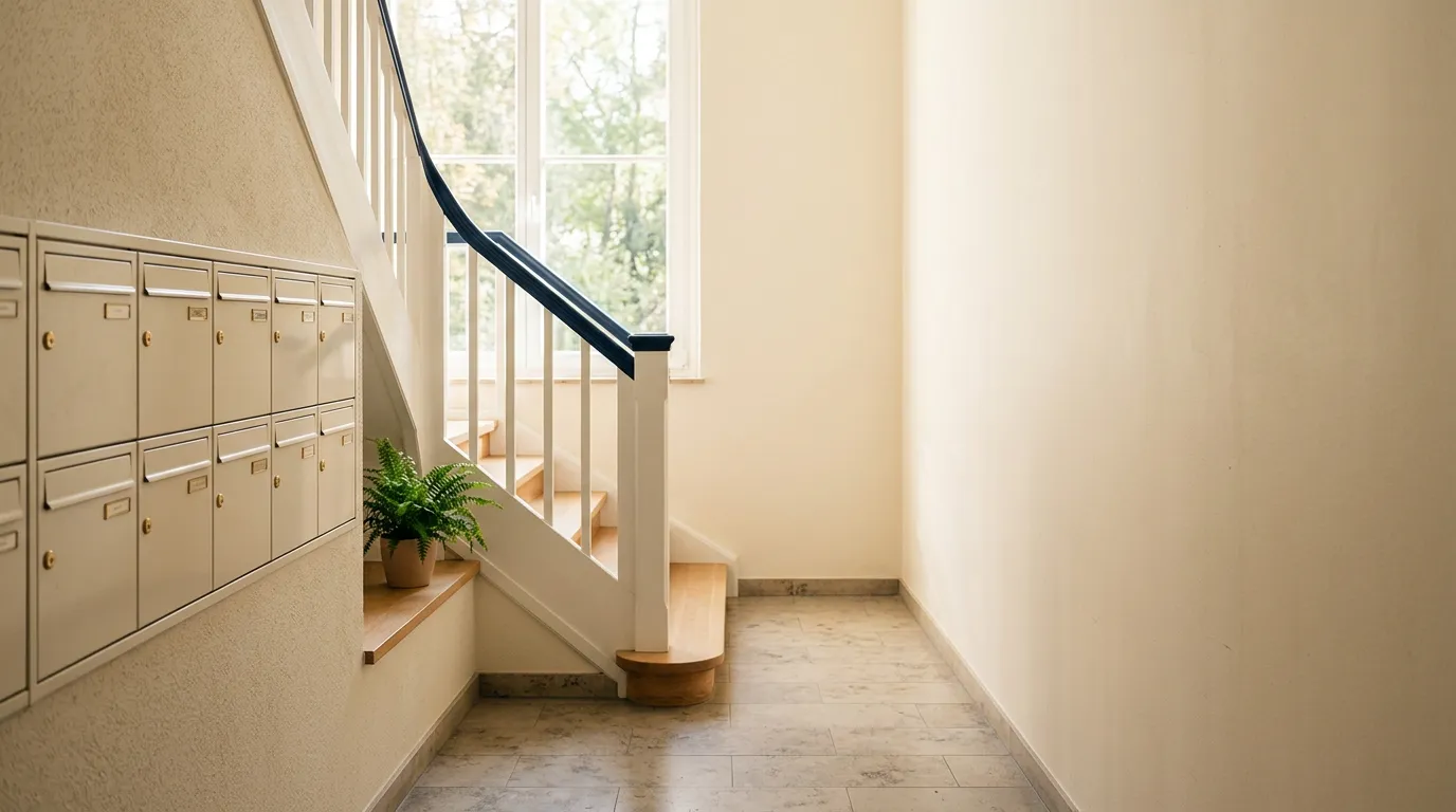 Hall d'entrée d'immeuble résidentiel avec boîtes aux lettres et escalier, sans personne