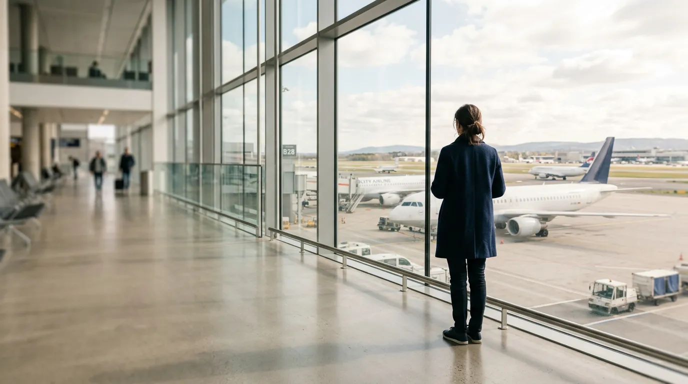 Personne de dos dans un aéroport, regardant les pistes