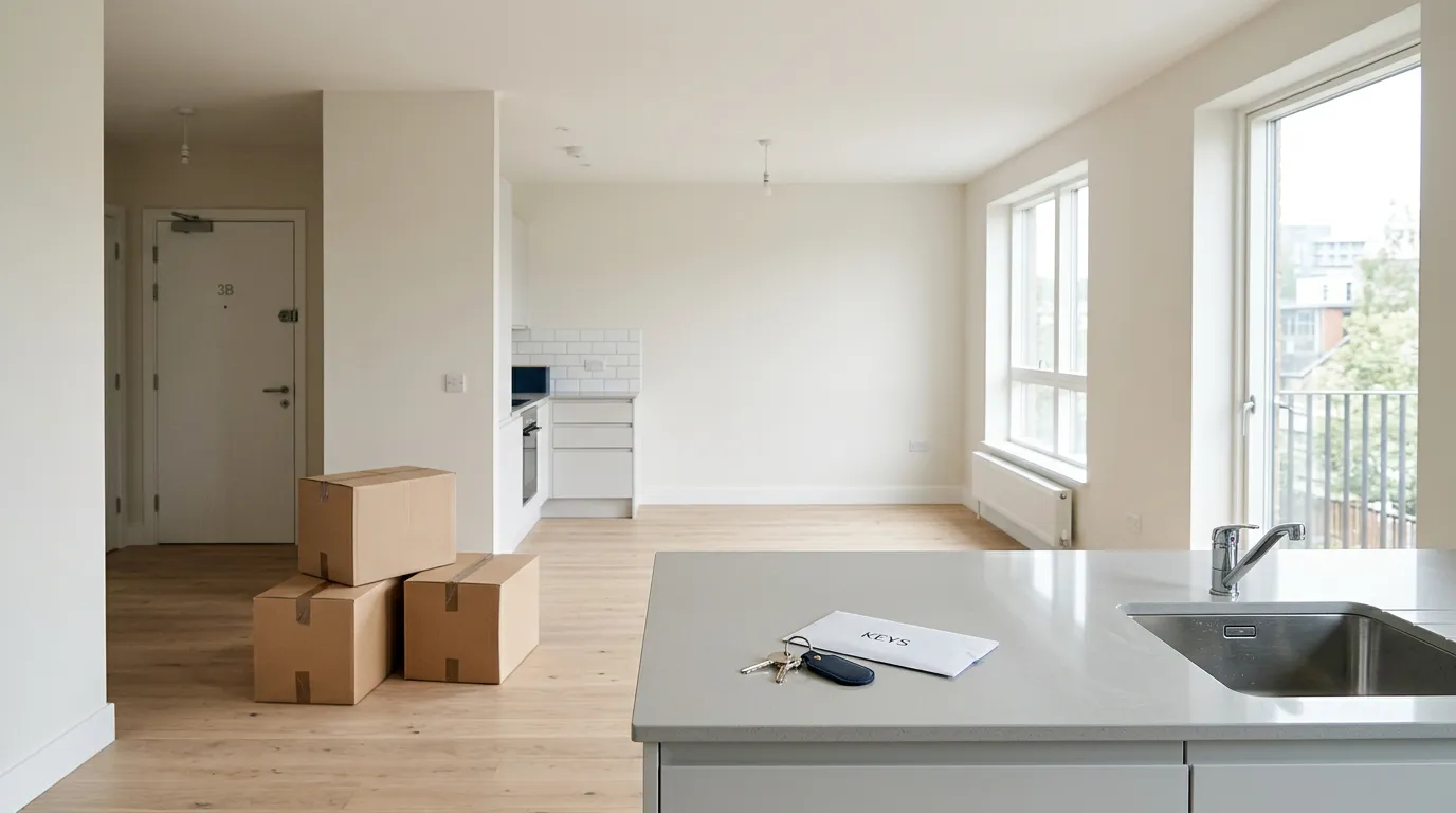 Appartement vide en fin de location avec des cartons et un jeu de clés sur le plan de travail, illustrant la restitution du dépôt de garantie