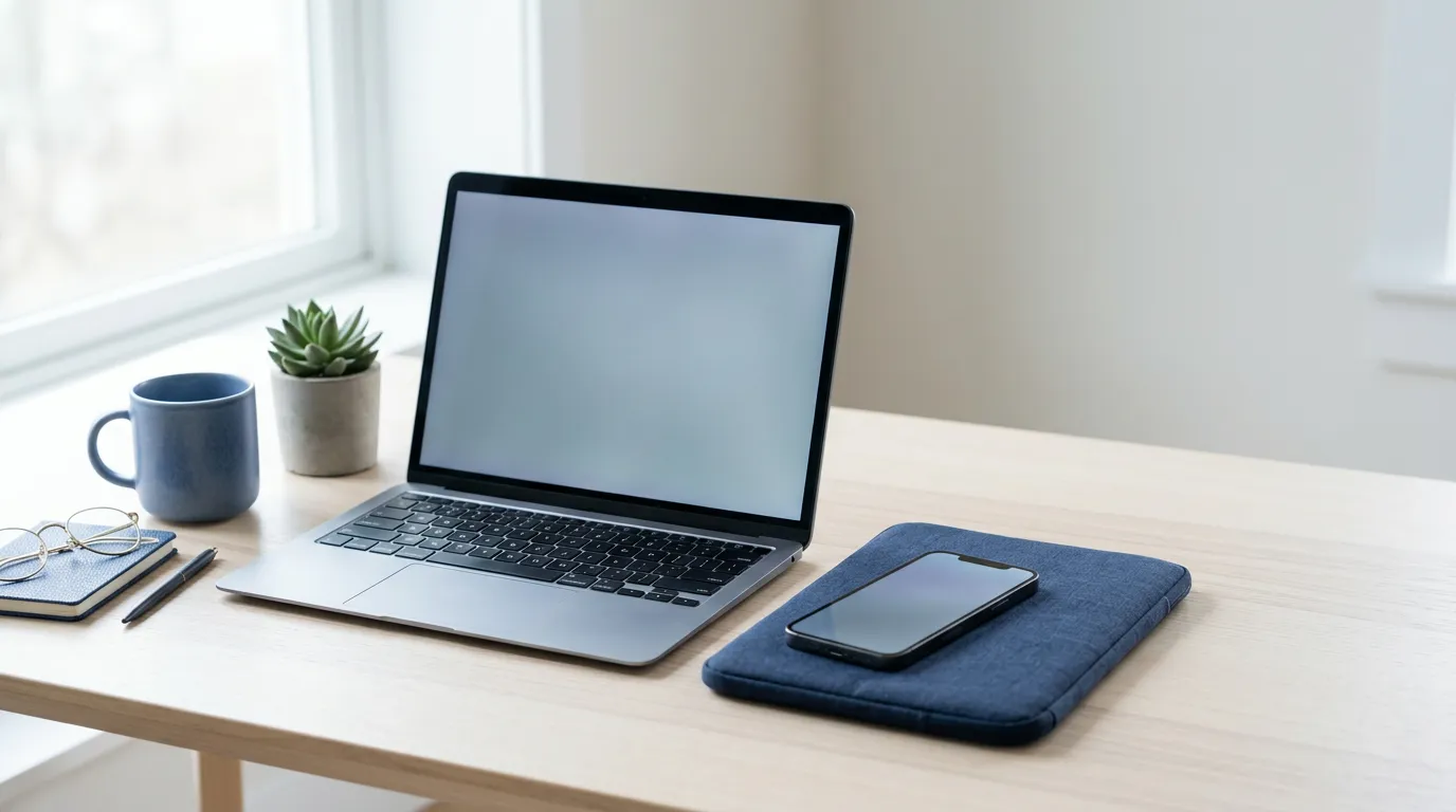 Smartphone et ordinateur portable sur un bureau, \u00e9voquant la s\u00e9curit\u00e9 de l'identit\u00e9 num\u00e9rique