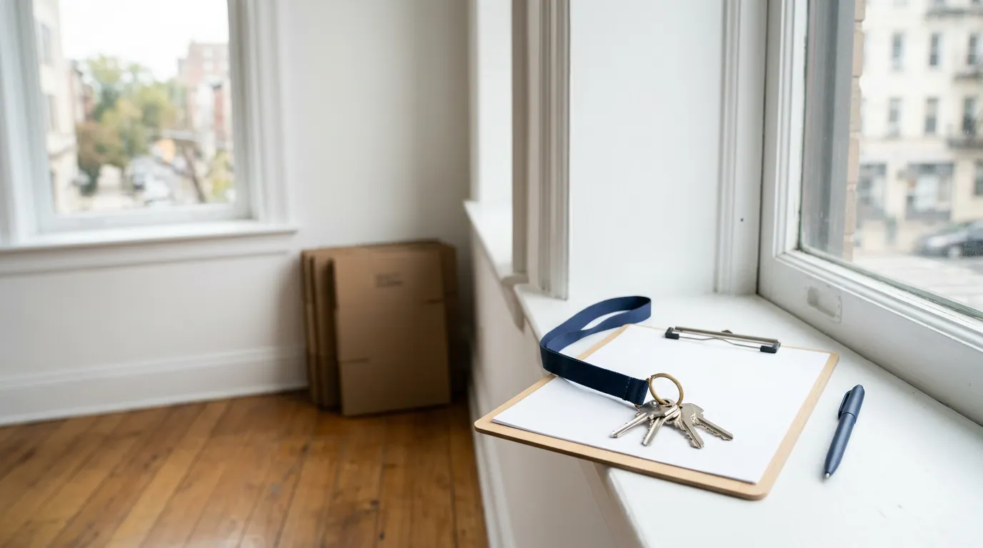 Un trousseau de clés et un état des lieux posés sur le rebord d'une fenêtre dans un logement vide et lumineux après un déménagement