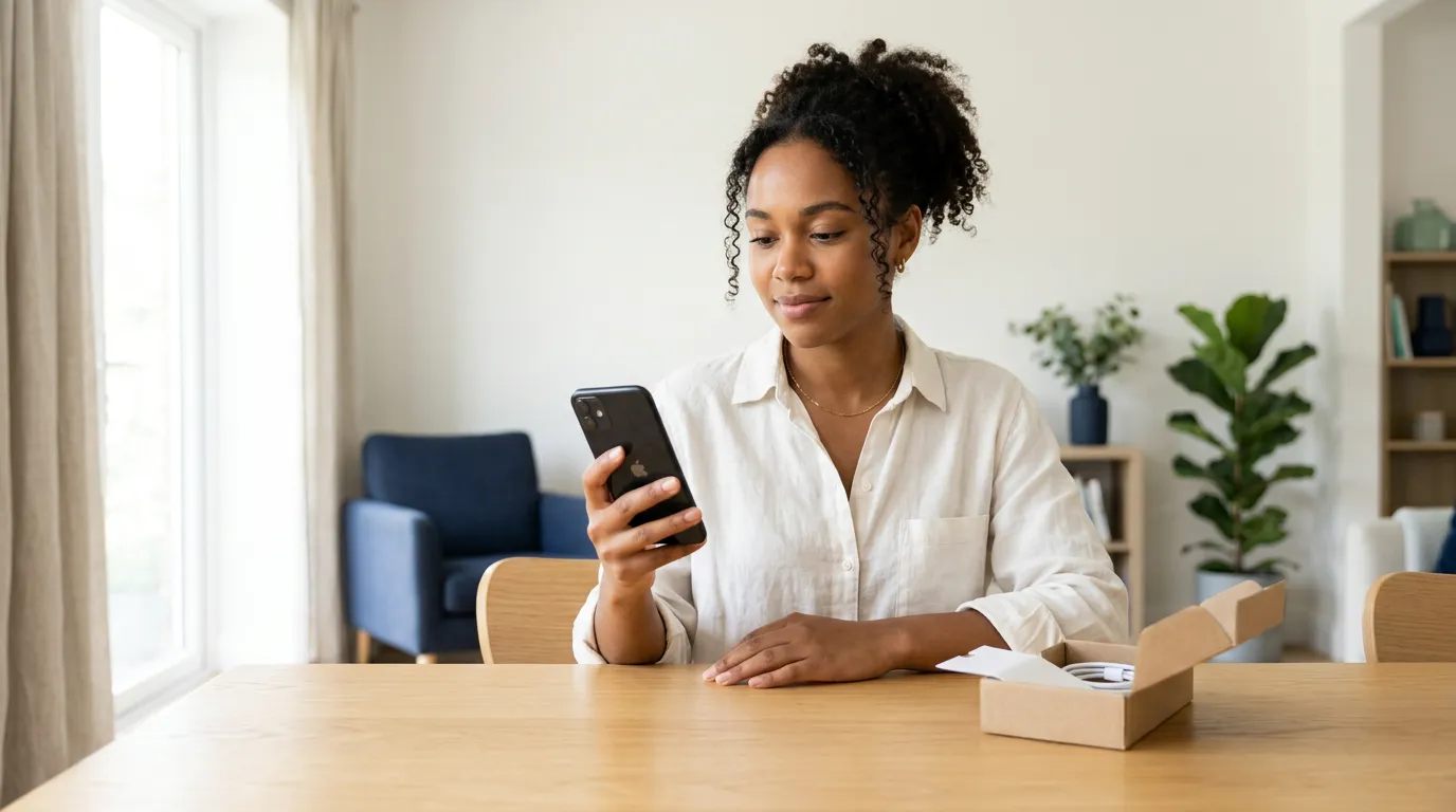 Personne examinant un smartphone reconditionné à côté de son emballage, en lumière naturelle