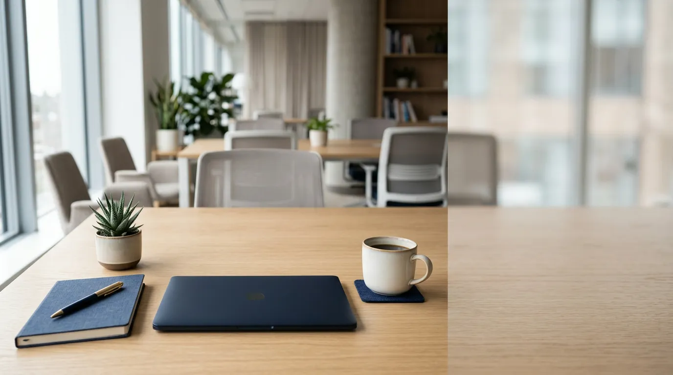 Espace de travail ordonné près d'une fenêtre lumineuse dans un open-space calme, avec ordinateur portable fermé, carnet et plante, évoquant l'organisation du temps de travail