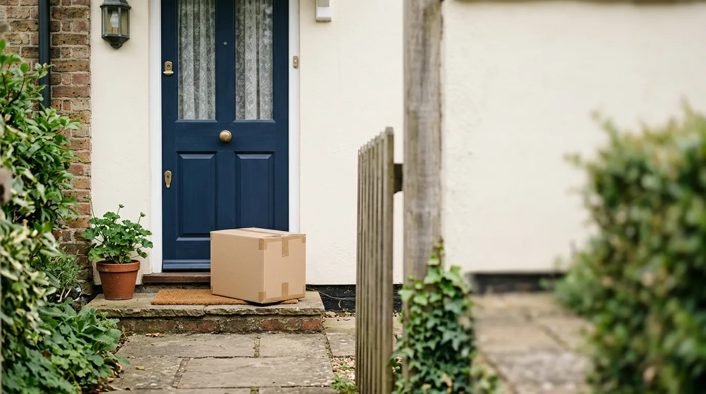 Colis en carton déposé devant la porte d'une habitation, lumière du jour