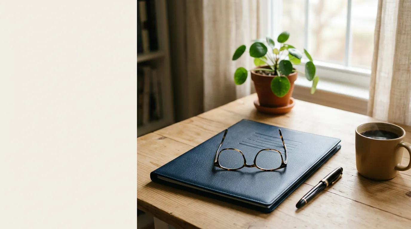 Un contrat d'assurance, des lunettes de lecture et un stylo posés sur un bureau lumineux, évoquant la vérification d'une garantie de protection juridique