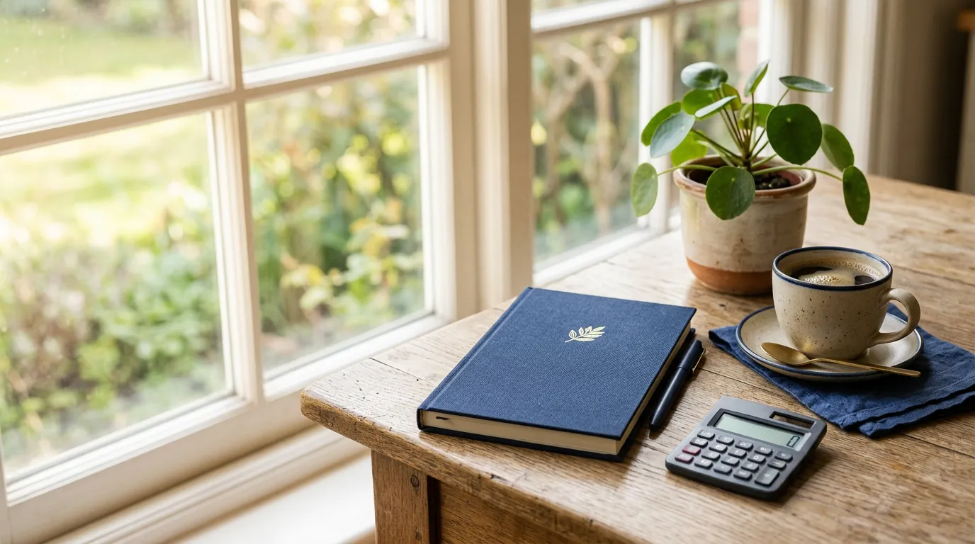 Table de maison avec calculatrice, café et carnet, lumière chaude