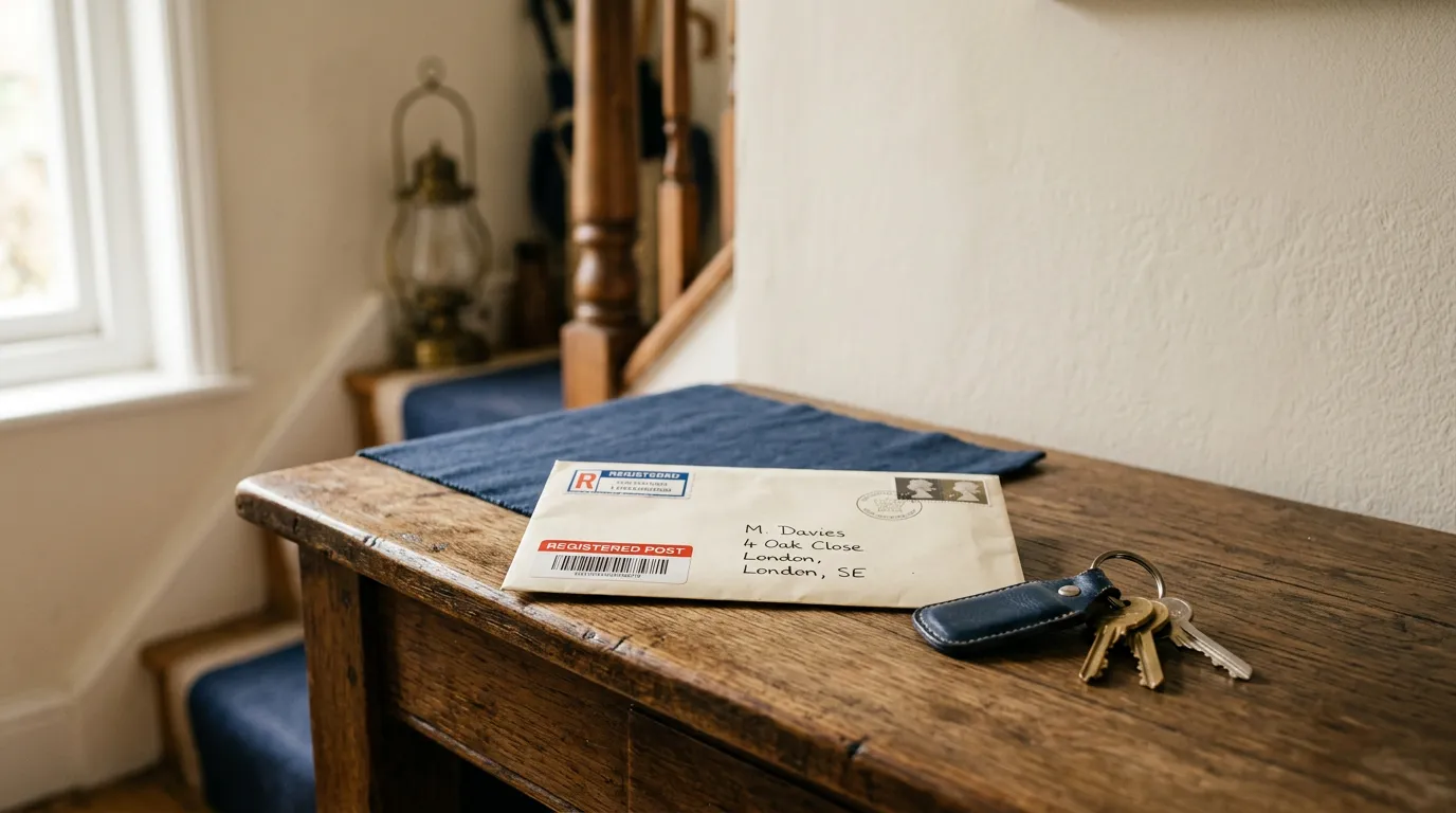 Enveloppe de courrier recommandé posée sur une console d'entrée avec un trousseau de clés
