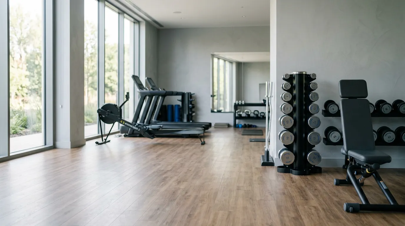 Int\u00e9rieur d'une salle de sport vide avec halt\u00e8res et \u00e9quipements, illustrant l'abonnement sportif