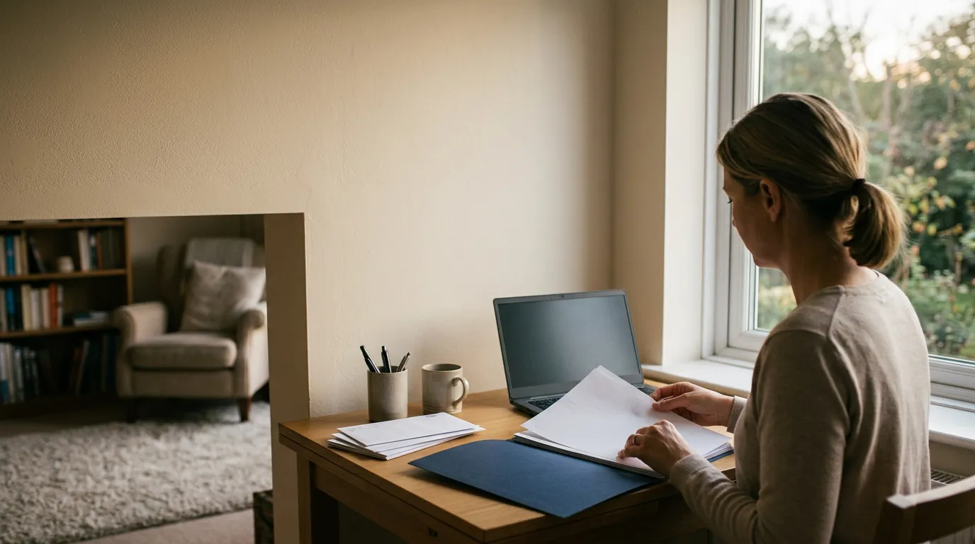 Personne examinant des documents administratifs dans un classeur à son bureau près d'une fenêtre