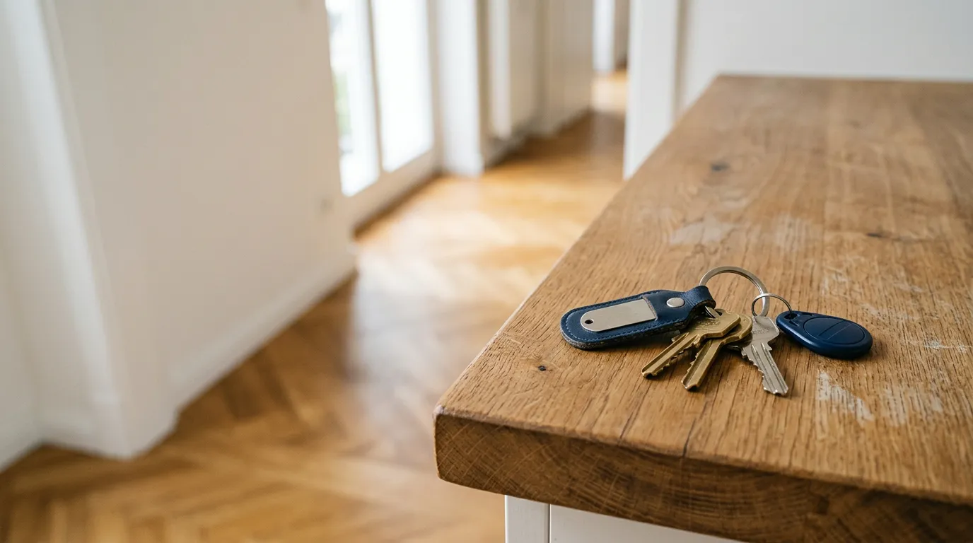 Trousseau de clés posé sur un plan de travail dans un appartement clair