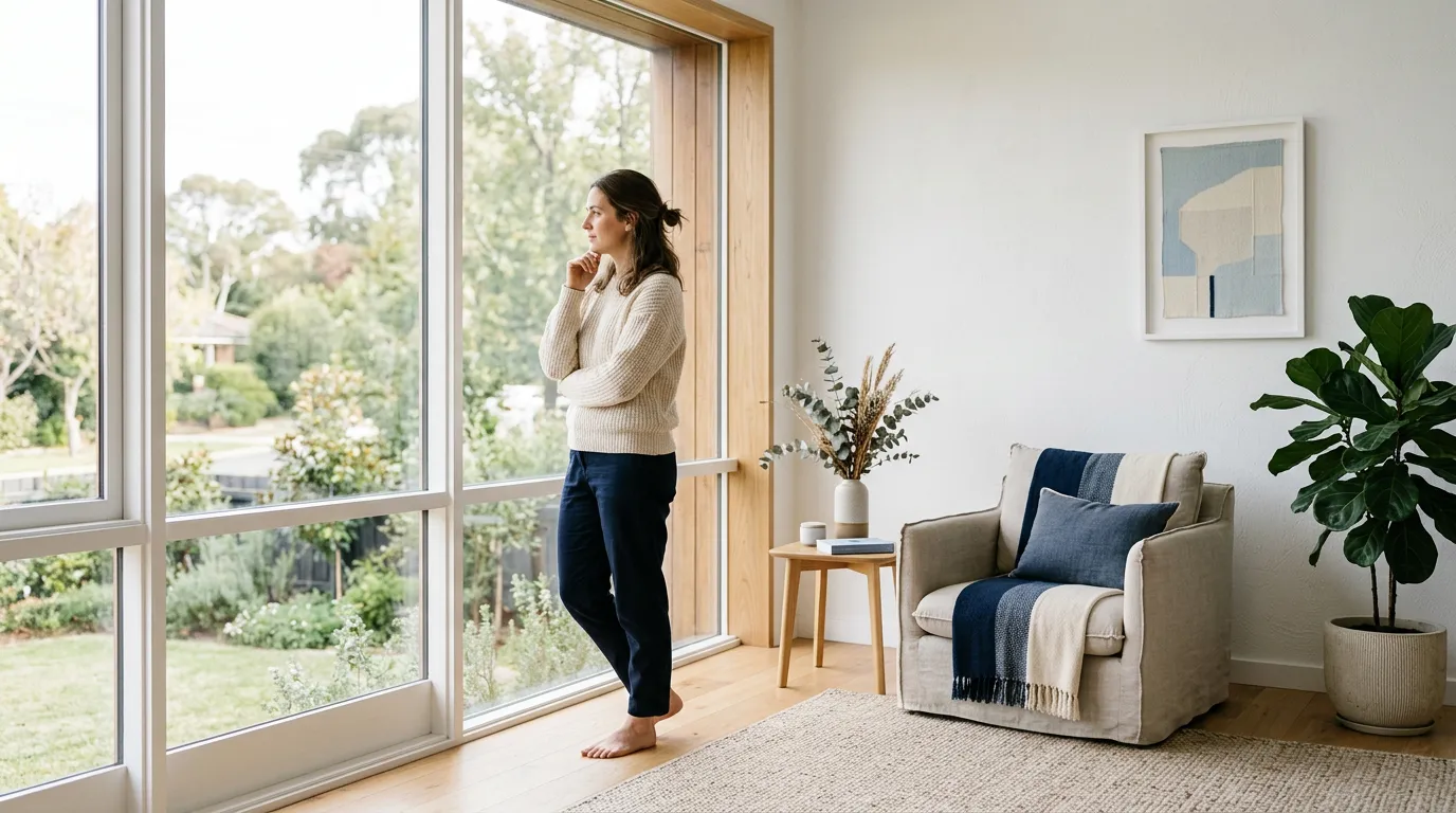 Personne pensive près d'une fenêtre dans un intérieur lumineux