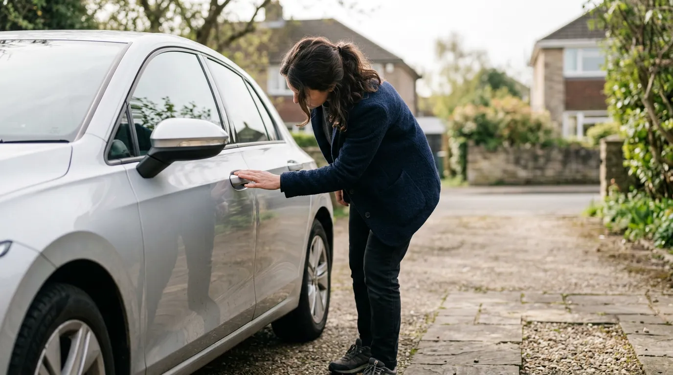 Une personne inspecte attentivement la carrosserie d'une voiture d'occasion dans une allée lumineuse, illustrant la vérification d'un véhicule avant ou après l'achat