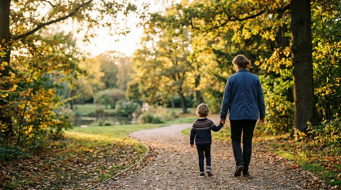Un parent et un enfant marchant de dos, main dans la main, sur un chemin de parc