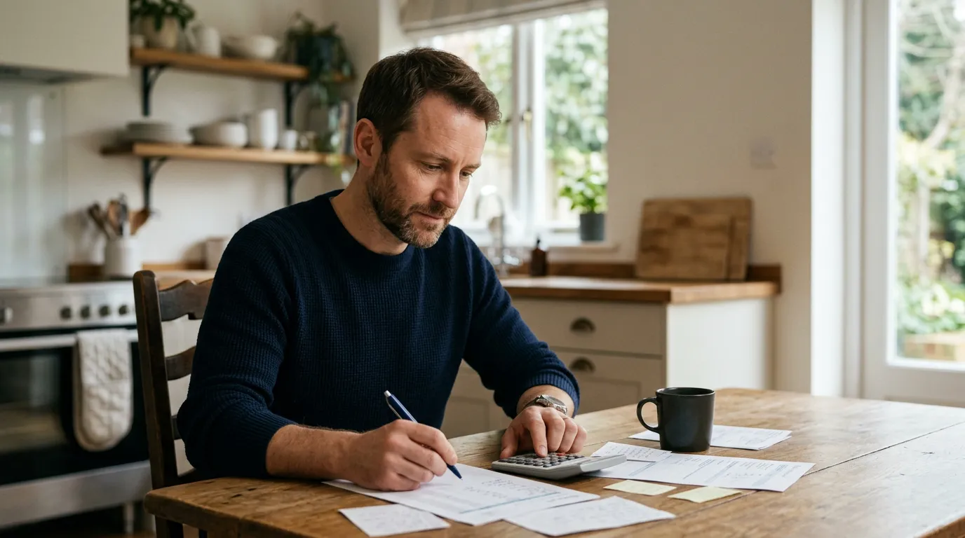 Un homme attablé chez lui examine des documents et calcule le budget de ses démarches
