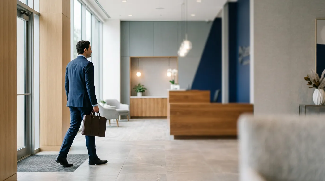 Un professionnel en costume, mallette à la main, arrive dans le hall d'accueil lumineux d'une entreprise