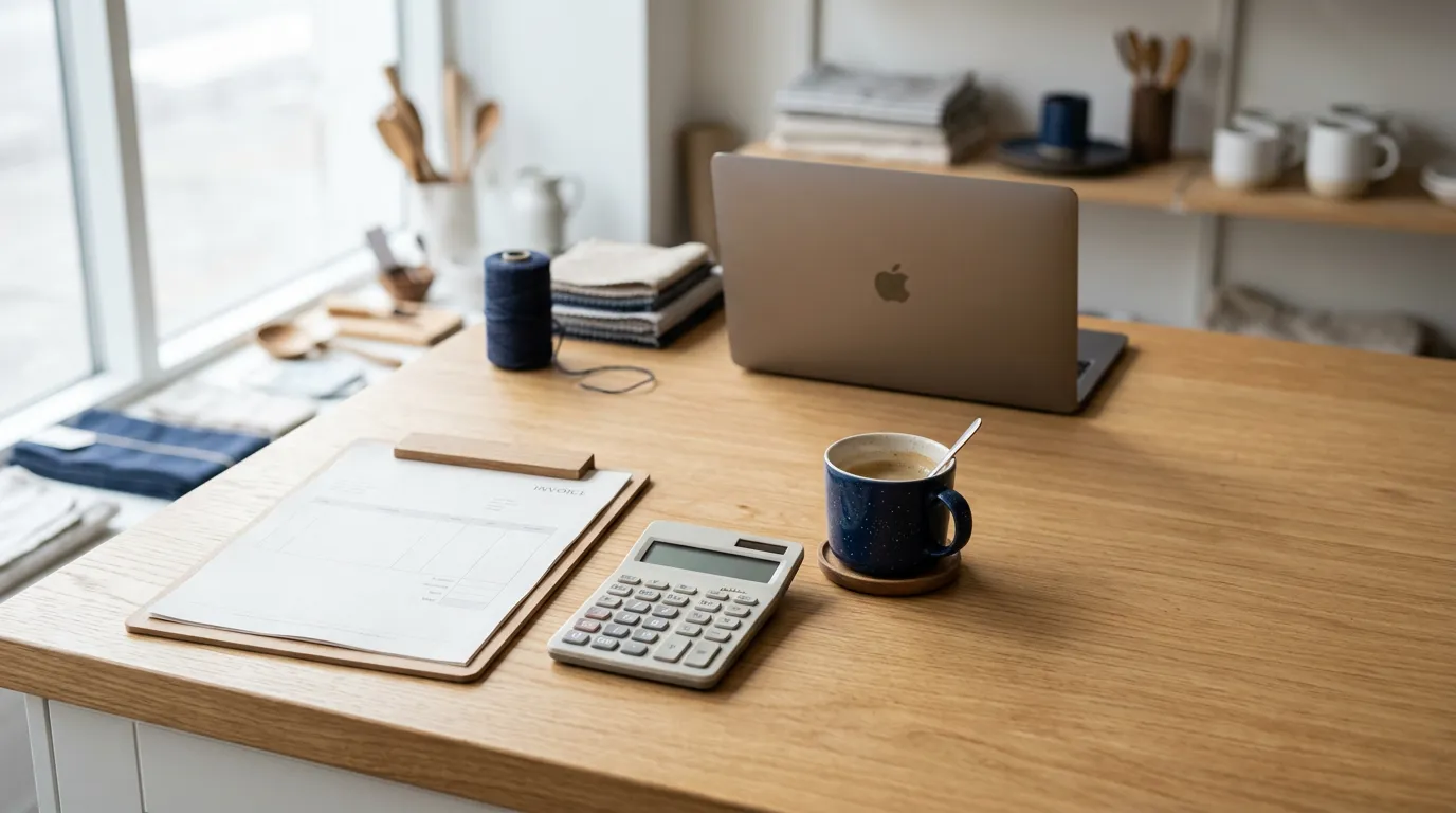 Comptoir d'une petite entreprise avec une facture, une calculatrice et un ordinateur, évoquant la gestion d'une facture impayée