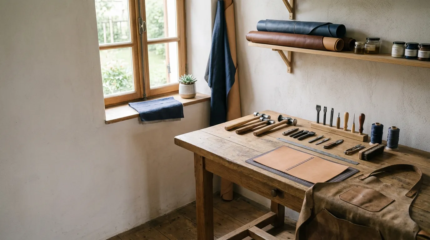 Atelier d'artisan avec \u00e9tabli et outils, illustrant une TPE confront\u00e9e \u00e0 un impay\u00e9 client