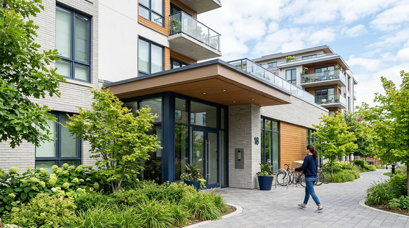 Entrée d'un immeuble résidentiel, un occupant quittant le logement avec un carton