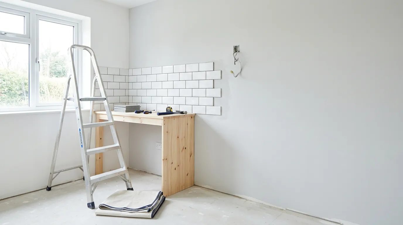 Pièce en cours de rénovation avec échelle, outils et mur partiellement carrelé