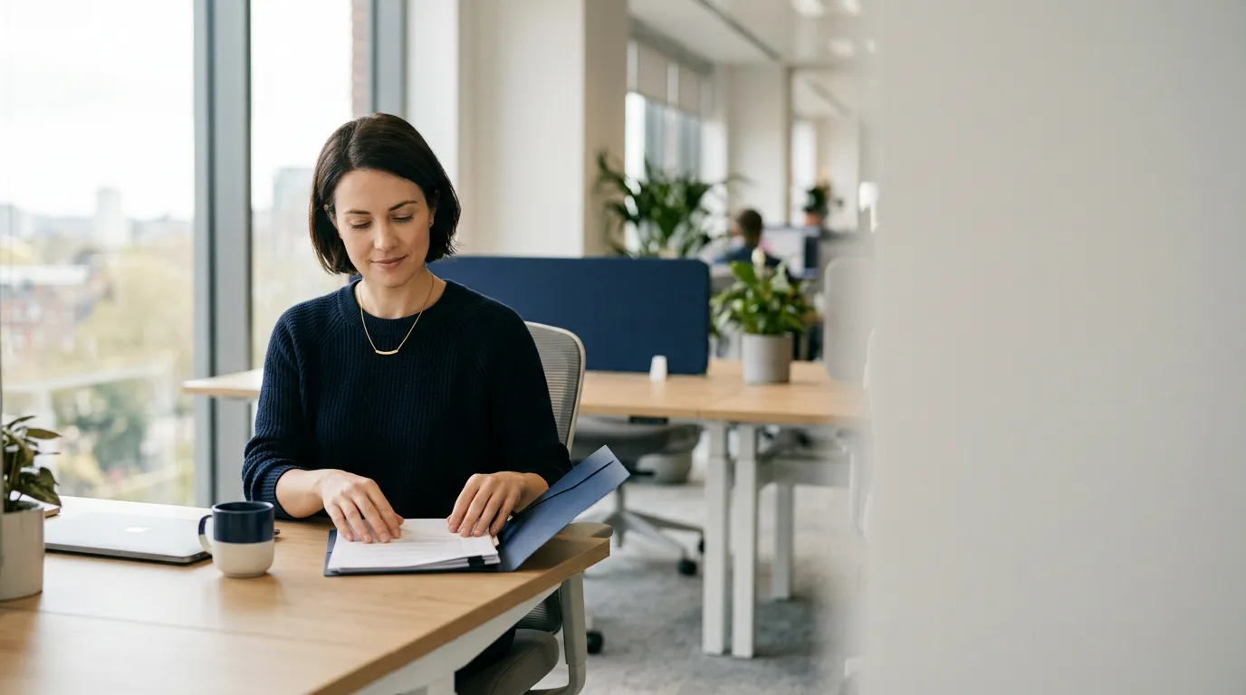 Un salarié calme organise un dossier de documents personnels à son poste de travail dans un open-space lumineux