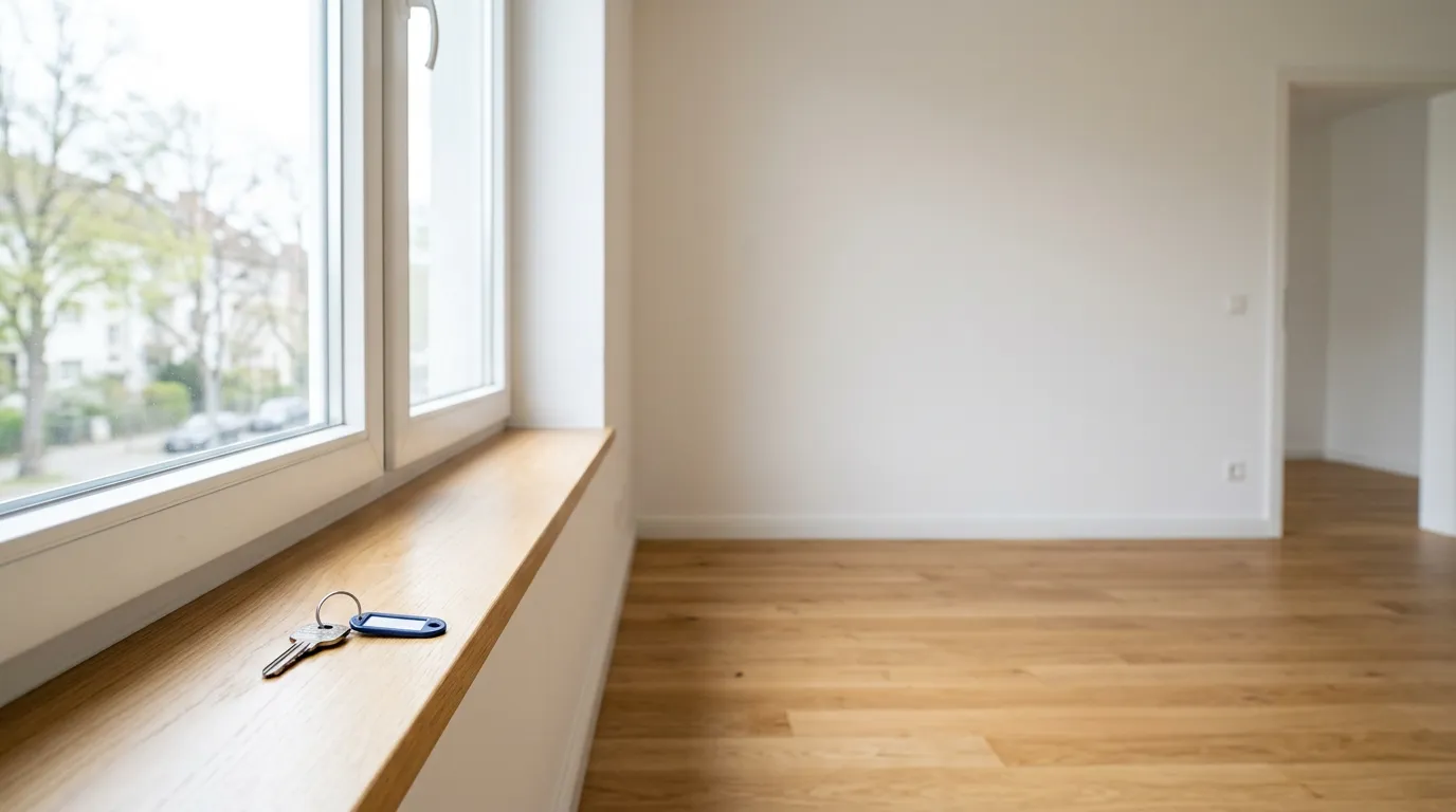 Logement vide et lumineux après déménagement, jeu de clés sur le rebord de fenêtre