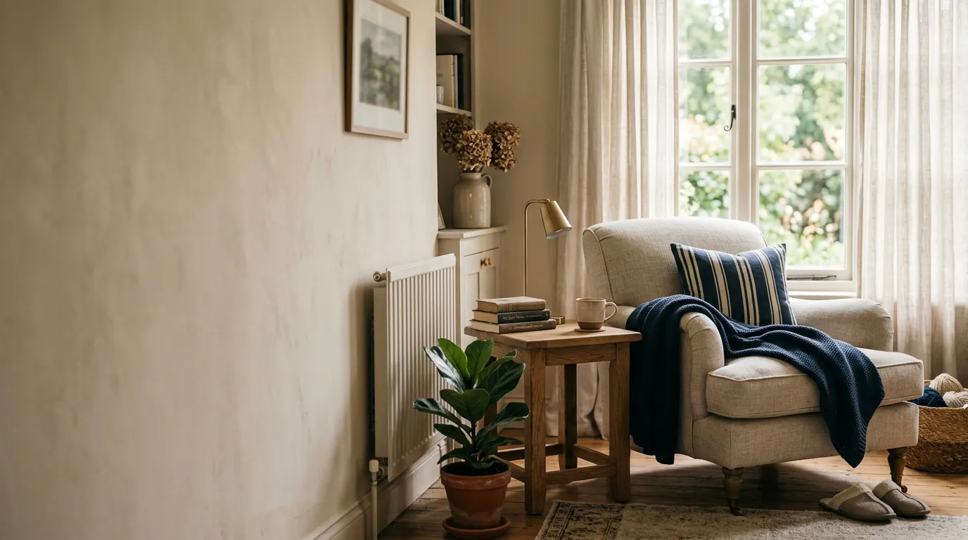 Salon chaleureux et ensoleillé d'un logement familial avec un fauteuil près d'une fenêtre, évoquant le droit du conjoint survivant de rester dans son logement