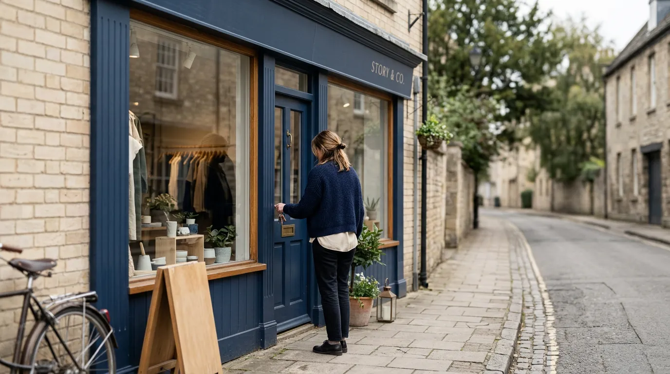 Devanture d'un commerce indépendant, une personne de dos avec des clés devant l'entrée