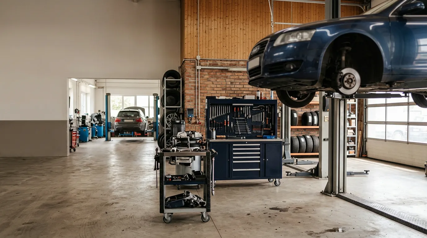 Atelier de réparation automobile ordonné avec un véhicule sur un pont élévateur