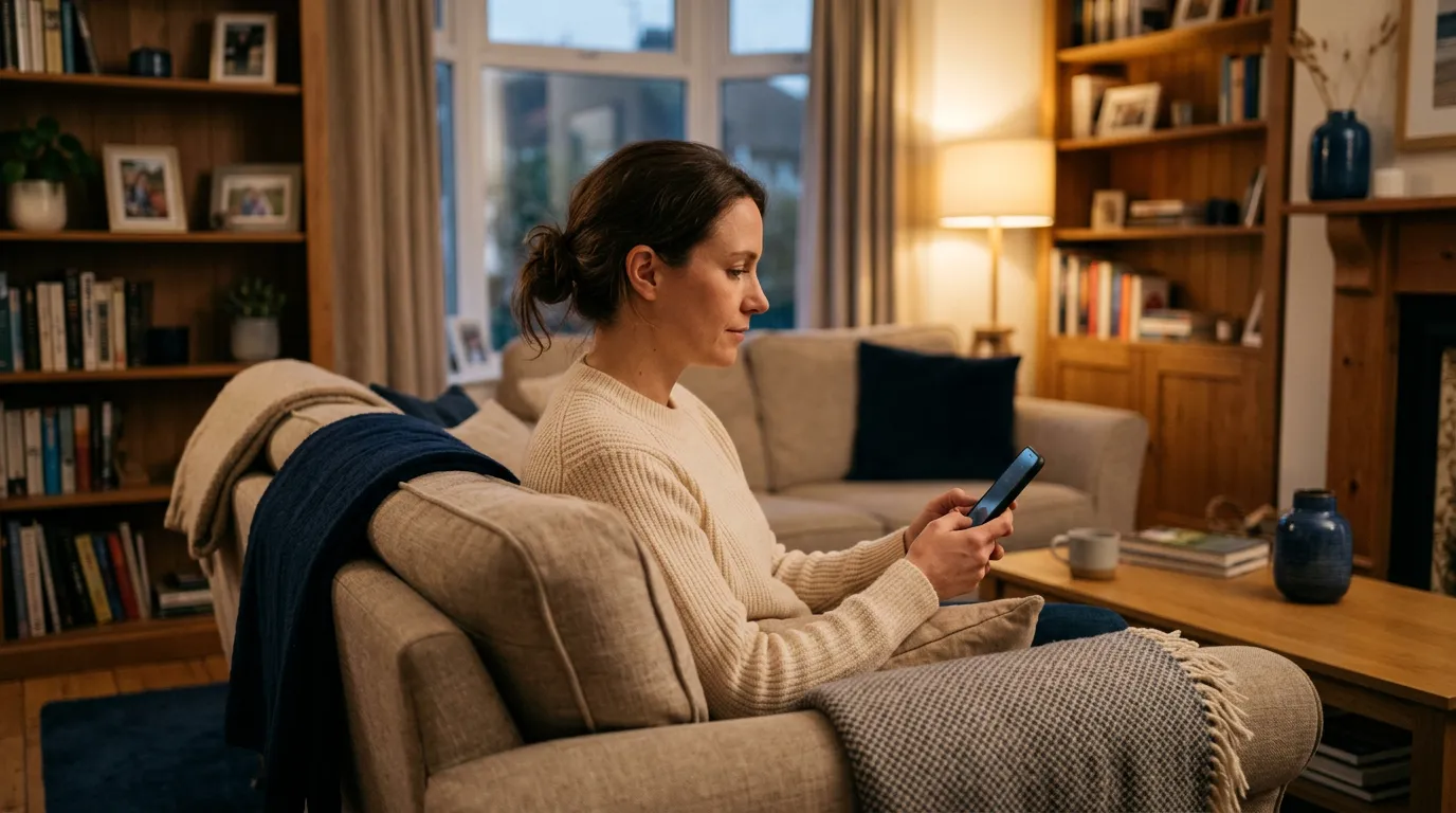 Personne consultant ses comptes sur son smartphone dans un salon