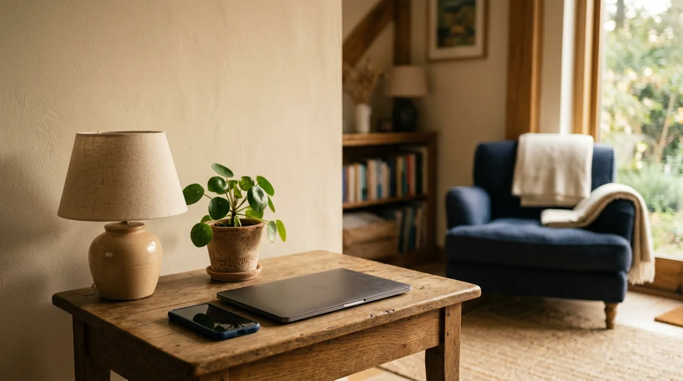 Coin de séjour chaleureux avec un ordinateur portable fermé et un smartphone posés sur une table en bois