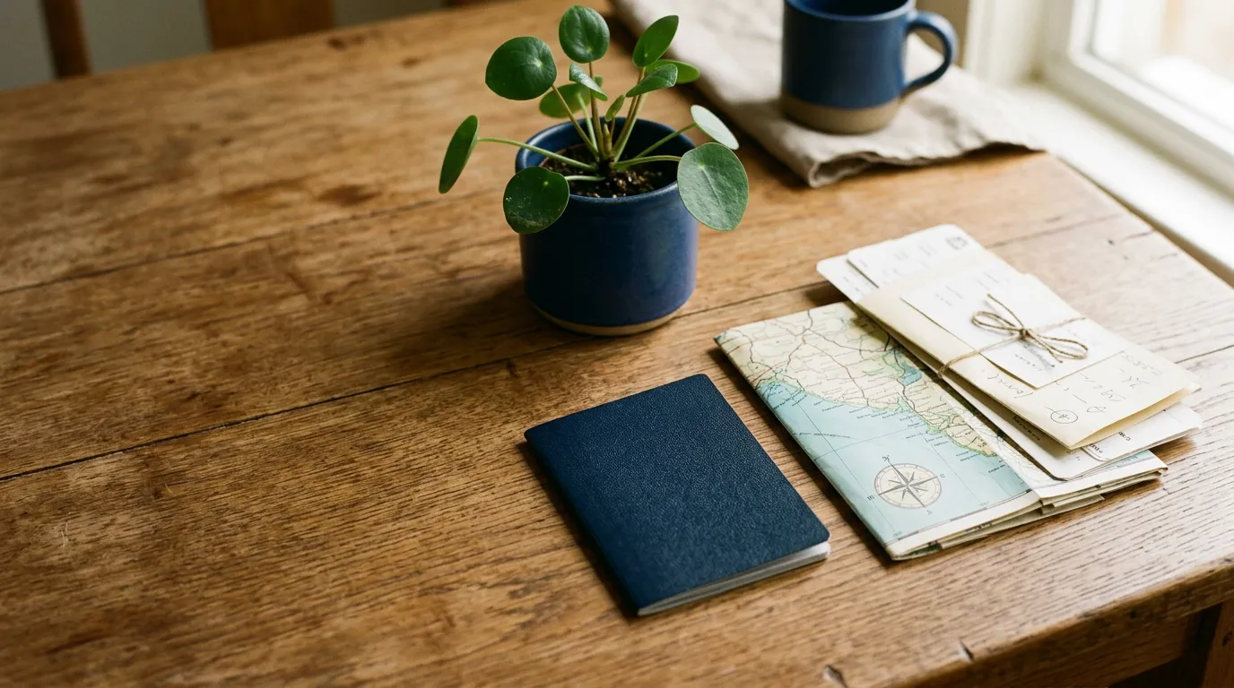 Passeport, carte et documents de voyage posés sur une table en bois