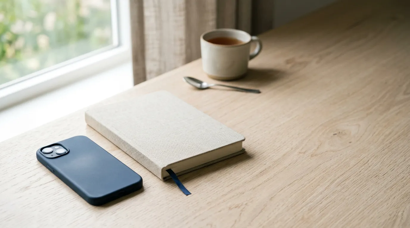 Smartphone posé face vers le bas et carnet fermé sur une surface claire, lumière douce, sans personne