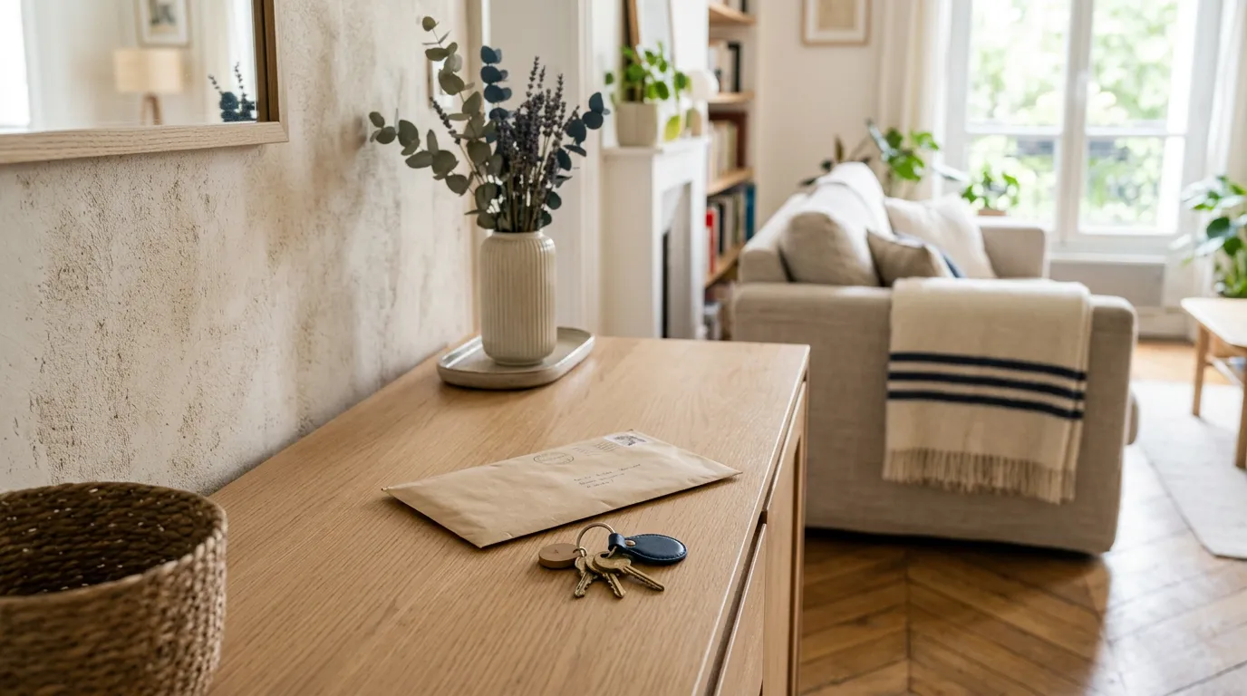 Une enveloppe de lettre recommandée et un trousseau de clés posés sur une console à l'entrée d'un appartement lumineux