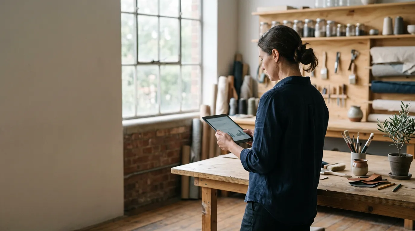 Petit entrepreneur dans son atelier consultant ses comptes sur une tablette, lumière douce