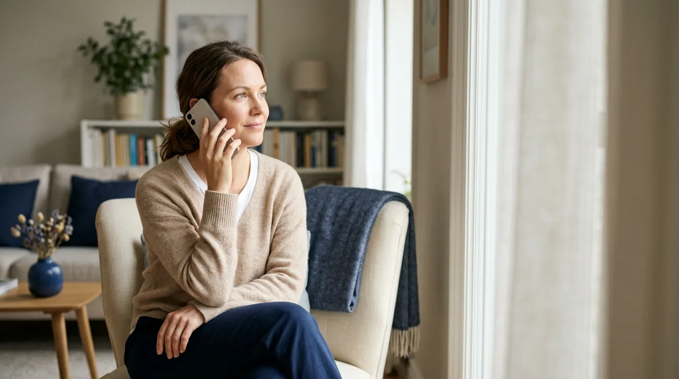 Une femme assise au calme près d'une fenêtre lumineuse, le téléphone à l'oreille, contacte une ligne d'aide
