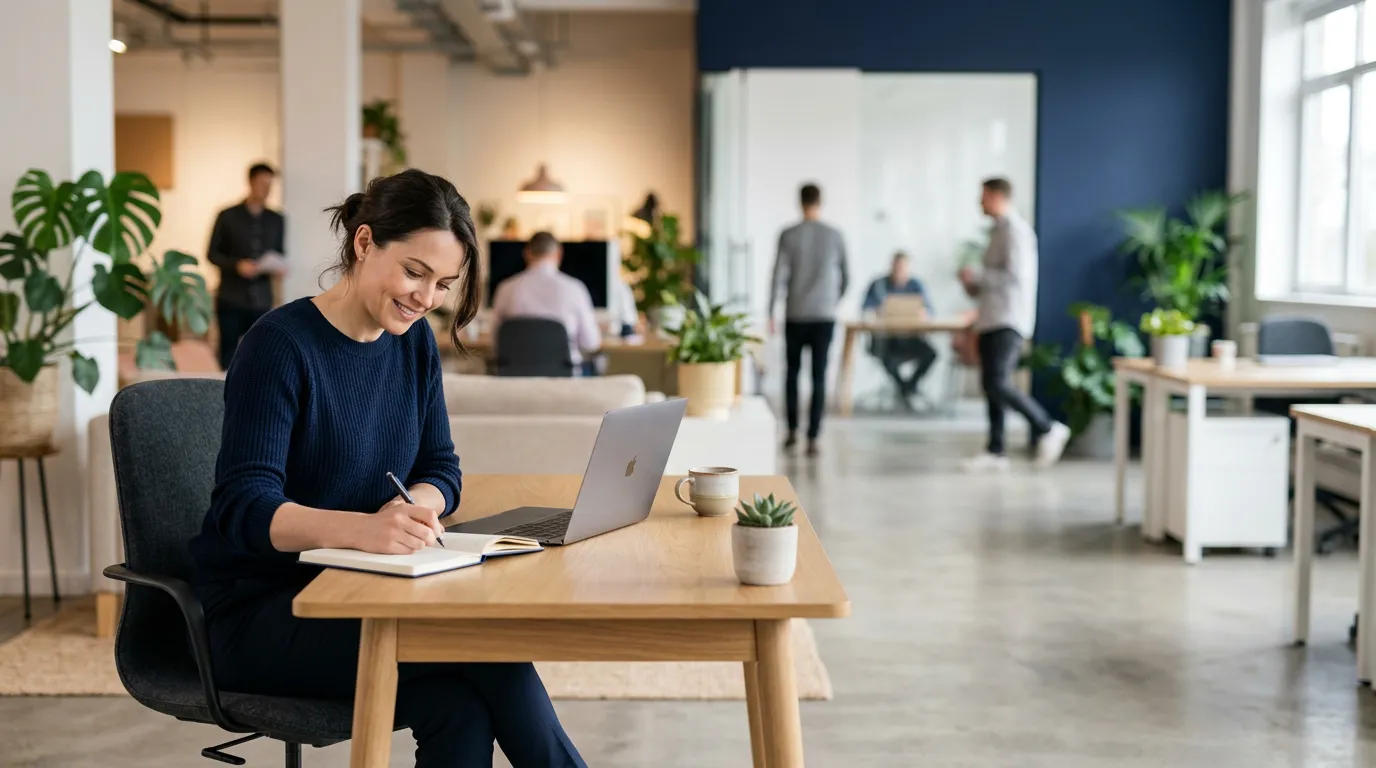 Une personne s'installe à un bureau dans un open-space lumineux et moderne, ambiance professionnelle et positive