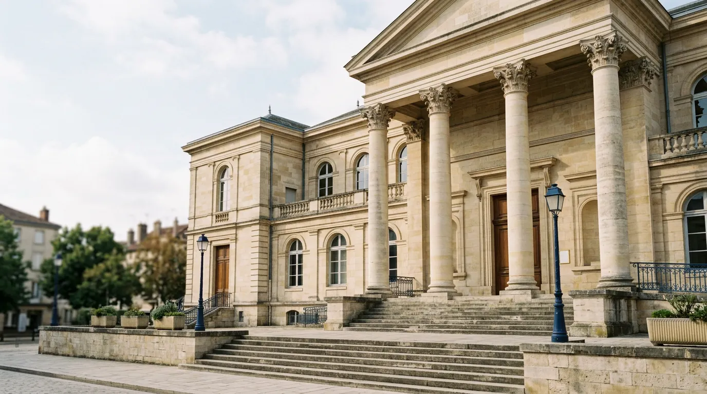 Façade à colonnes et marches de pierre d'un palais de justice sous une lumière douce du matin