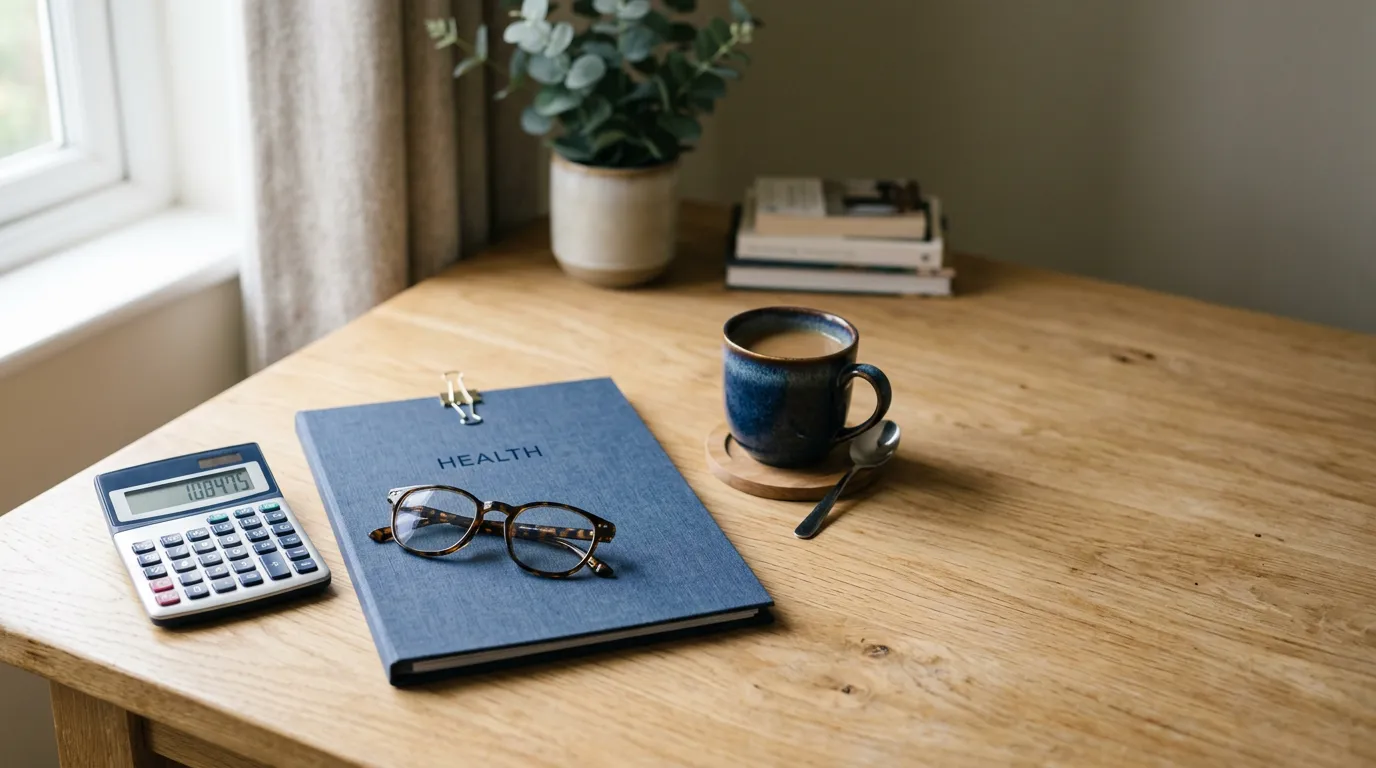 Bureau avec une calculatrice, des lunettes et une pochette, sans personne
