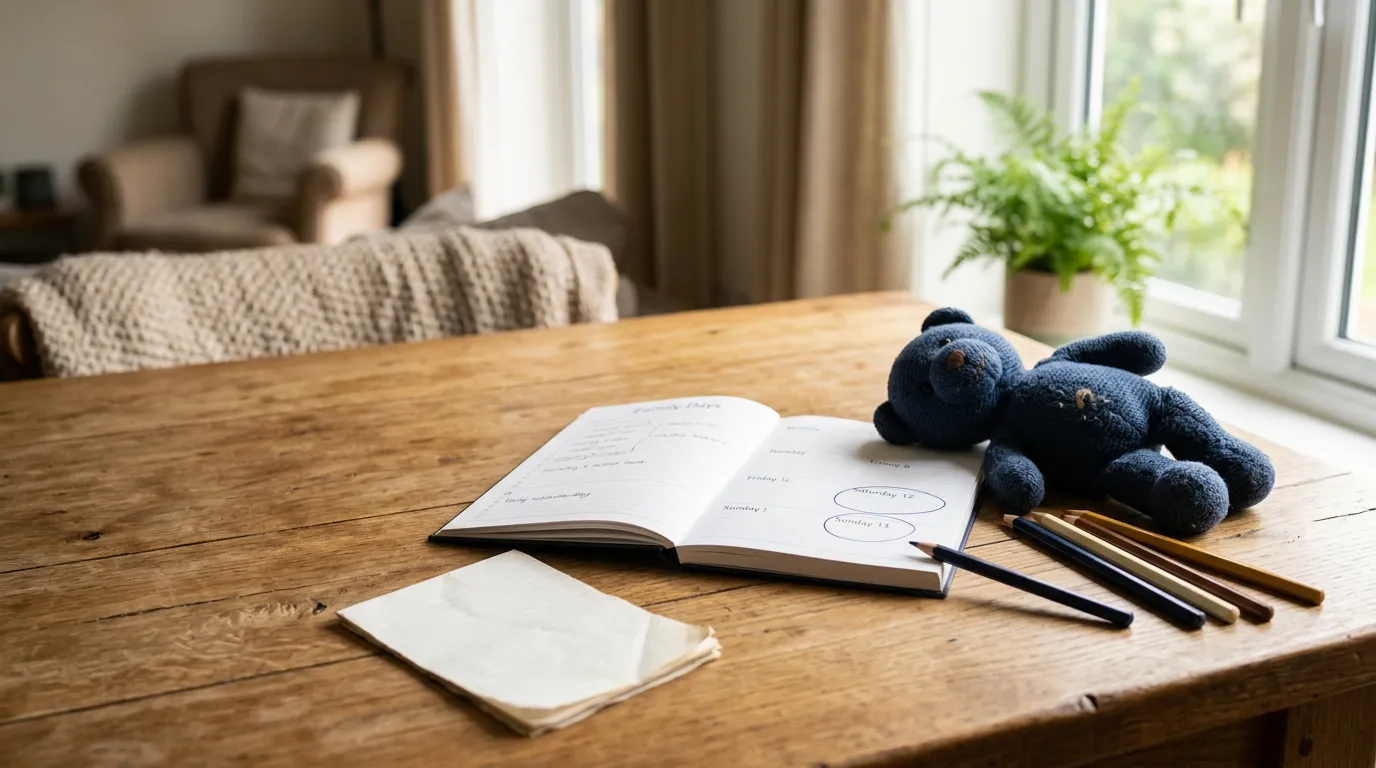 Calendrier familial avec un week-end entouré, un doudou et des crayons posés sur une table en bois près d'une fenêtre ensoleillée
