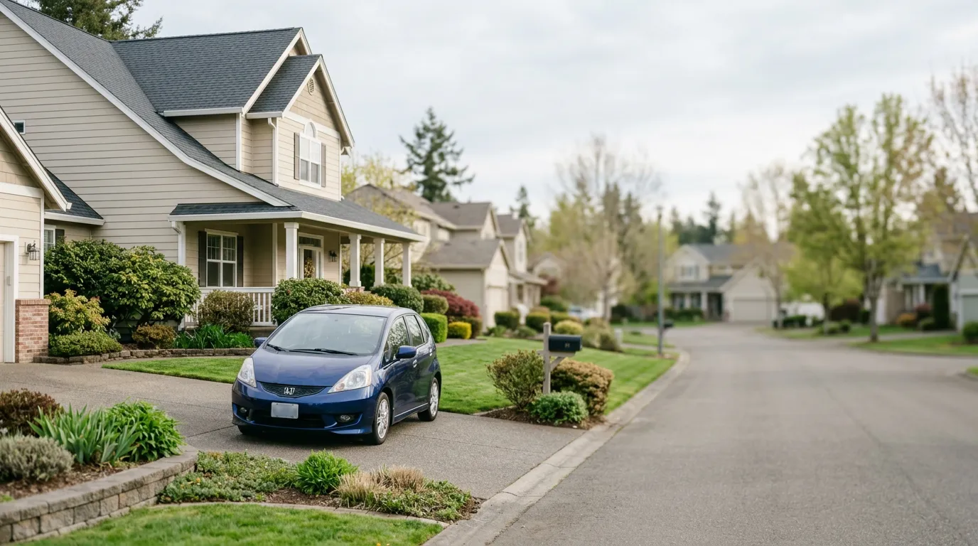 Voiture compacte stationnée devant une maison résidentielle, lumière douce du matin