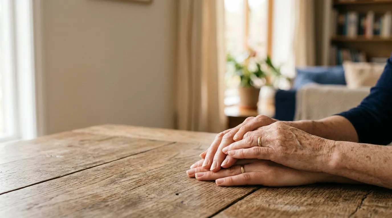 Mains d'une personne âgée reposant sur celles d'une personne plus jeune, sur une table en bois